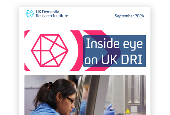 a newsletter header for "Inside eye on UK DRI" from the UK Dementia Research Institute dated September 2024, featuring their logo and a photo of a female researcher working in a laboratory setting.