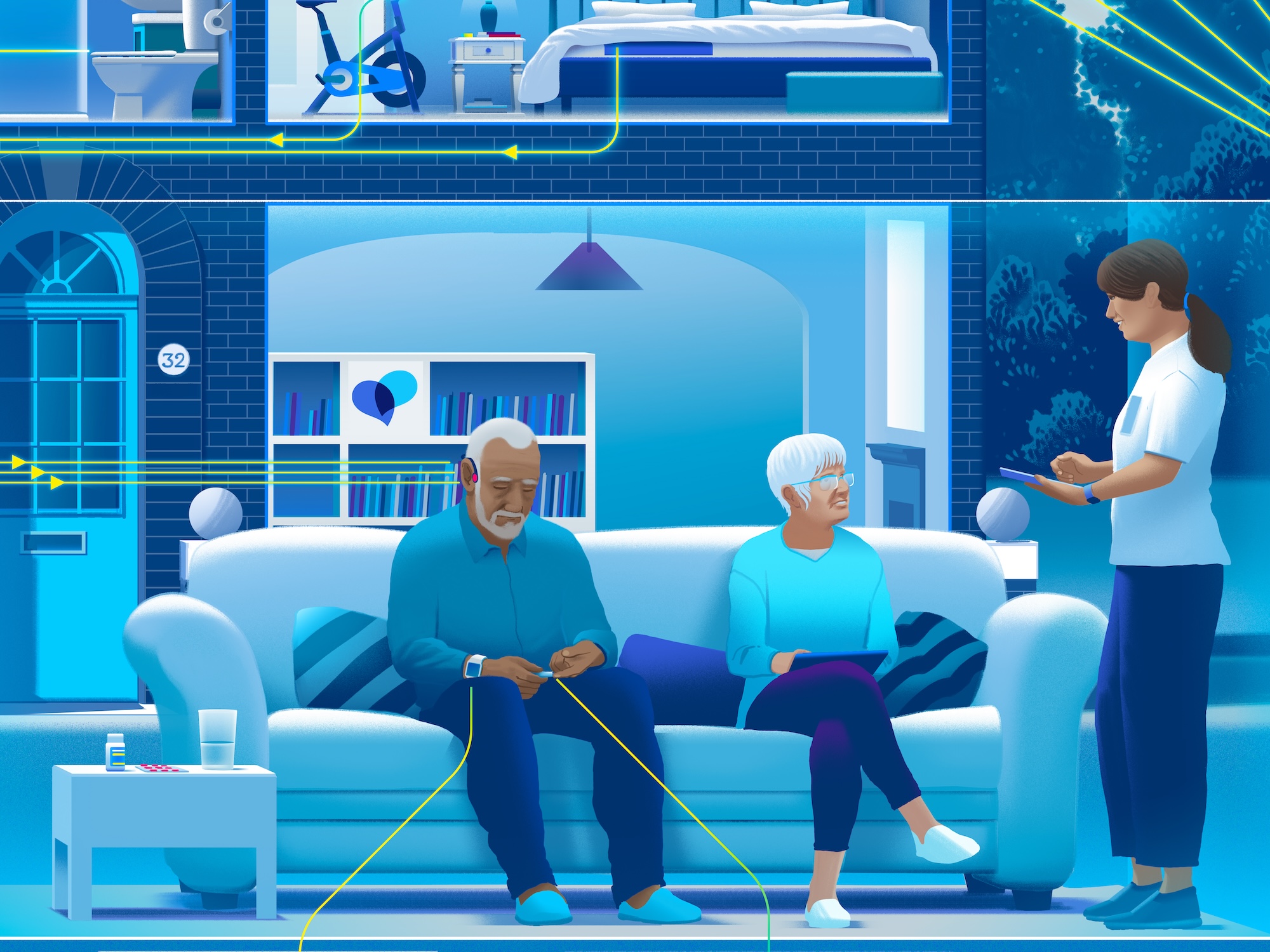 Illustrations of older couple using digital technology in their home