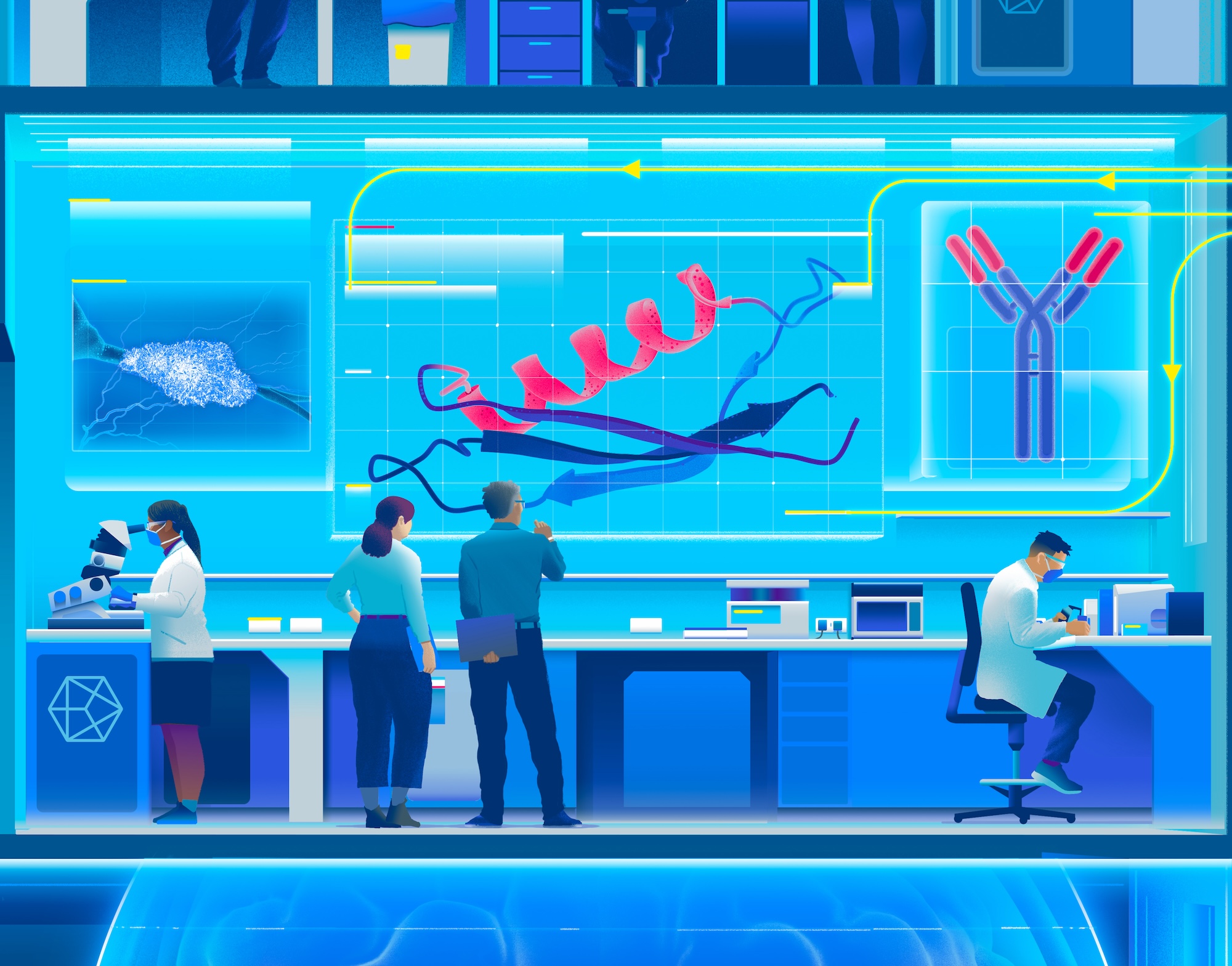 An illustration of scientists looking at structure of a protein for treatments