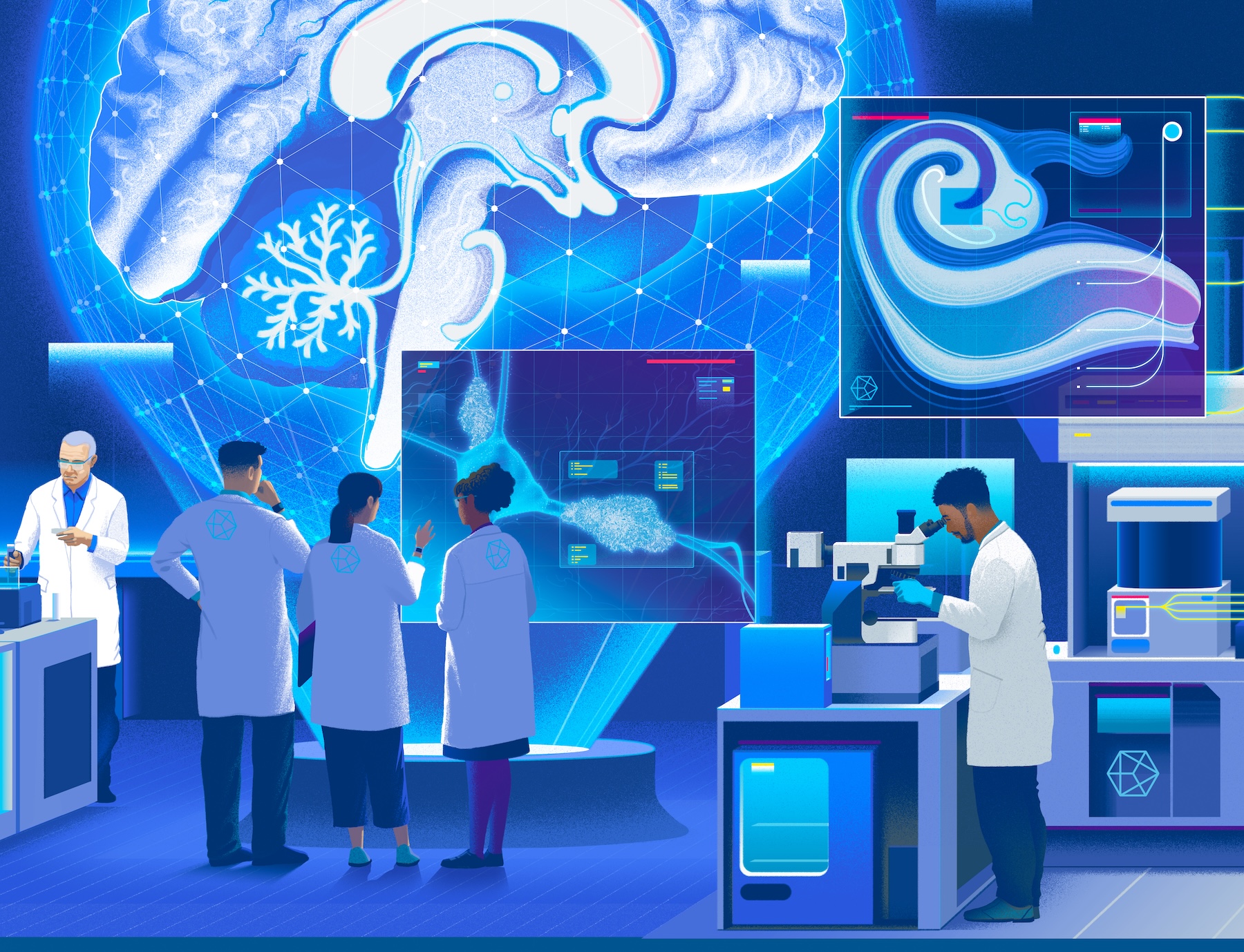 Illustration of scientists working around large holographic brain