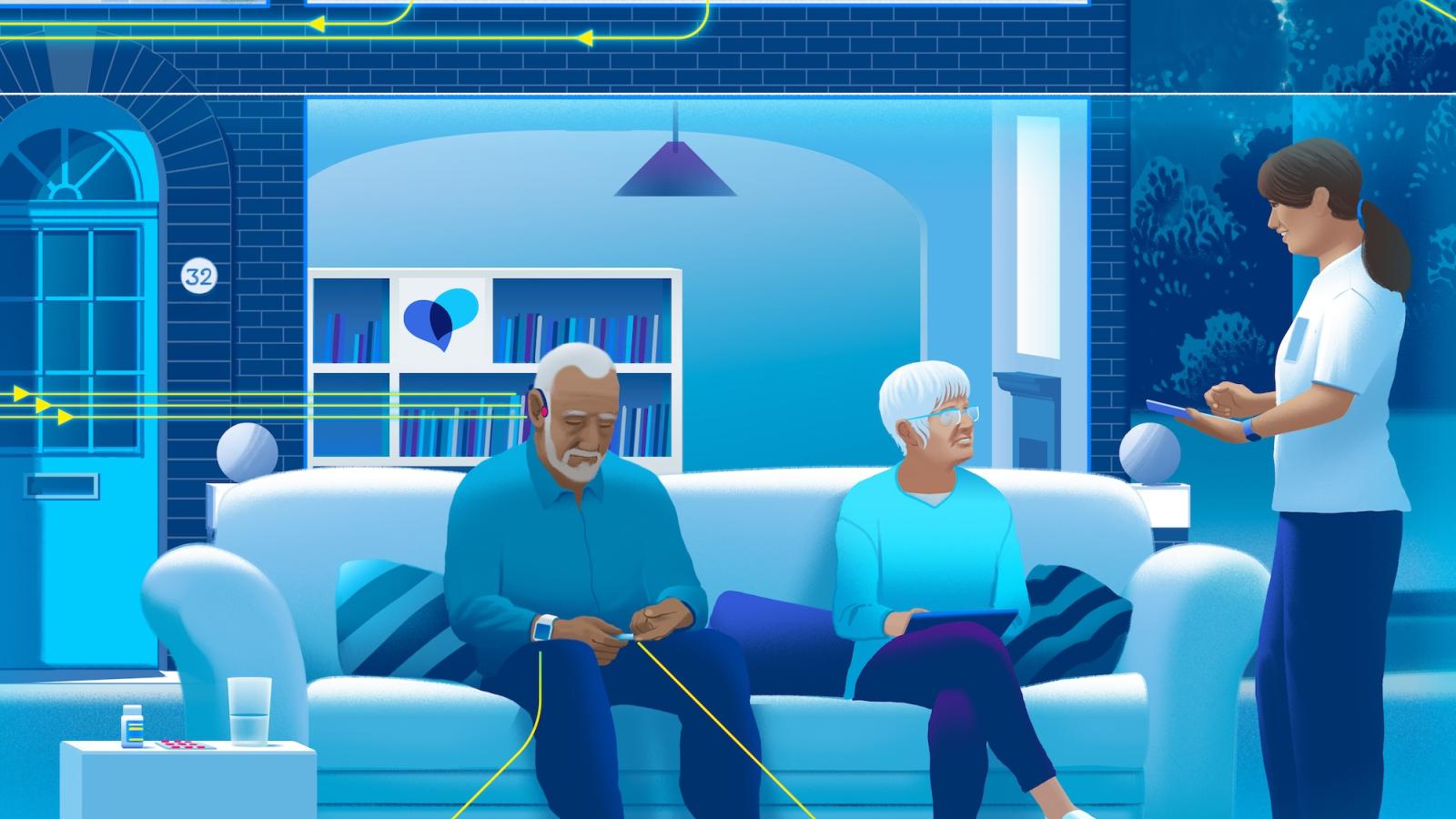 Illustrations of older couple using digital technology in their home
