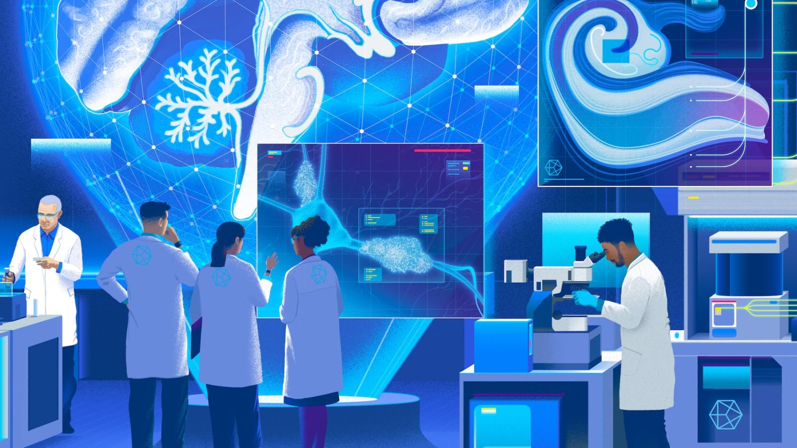 Illustration of scientists working around large holographic brain