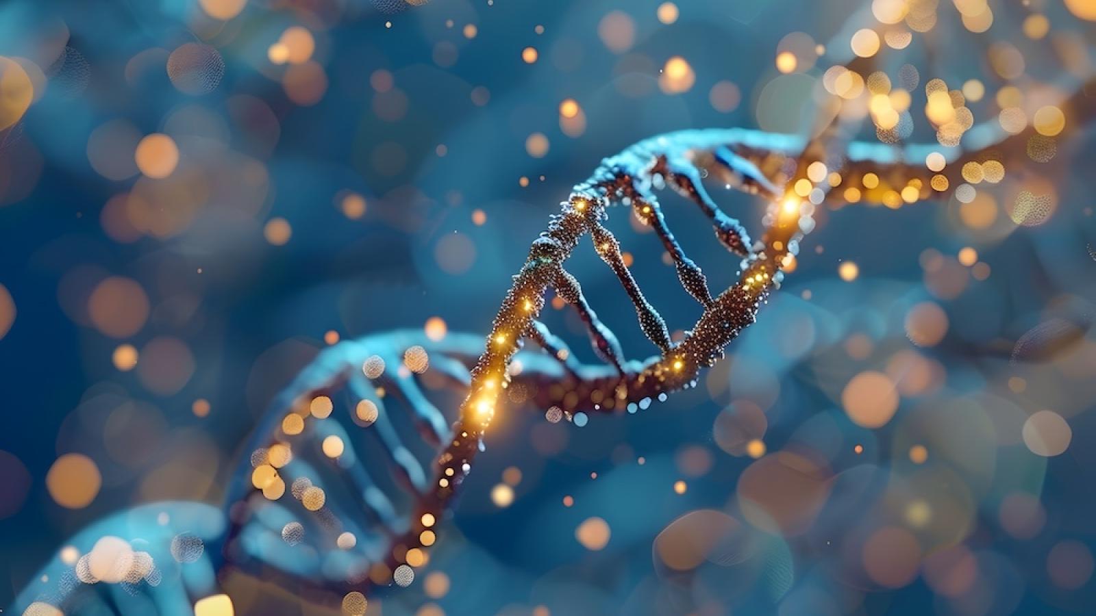 A dna strand illustration in blue and gold