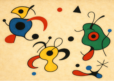 3 oligoproteins in blood (RIG-I, SIGLEC1 and IFIT3, which make up the MIRO score) in the style of Joan Miró 