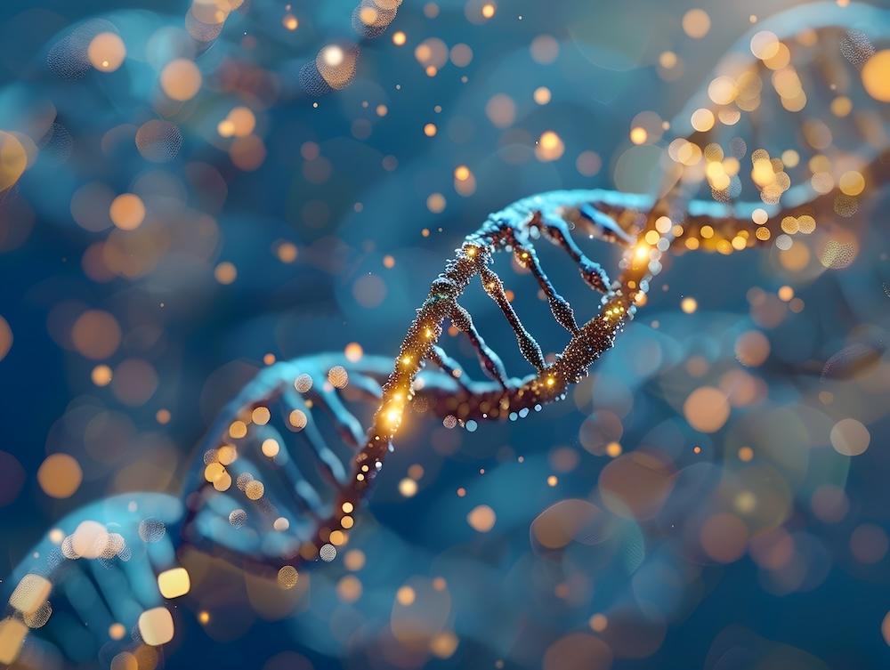 A dna strand illustration in blue and gold